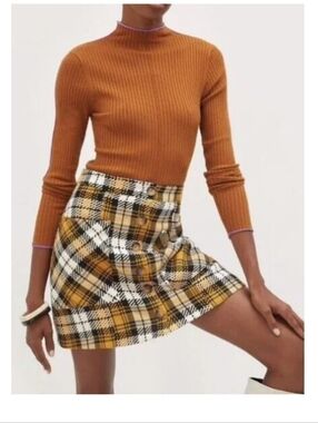 Maeve Anthropologie Plaid Button-Front Mini Skirt in Mustard & Black